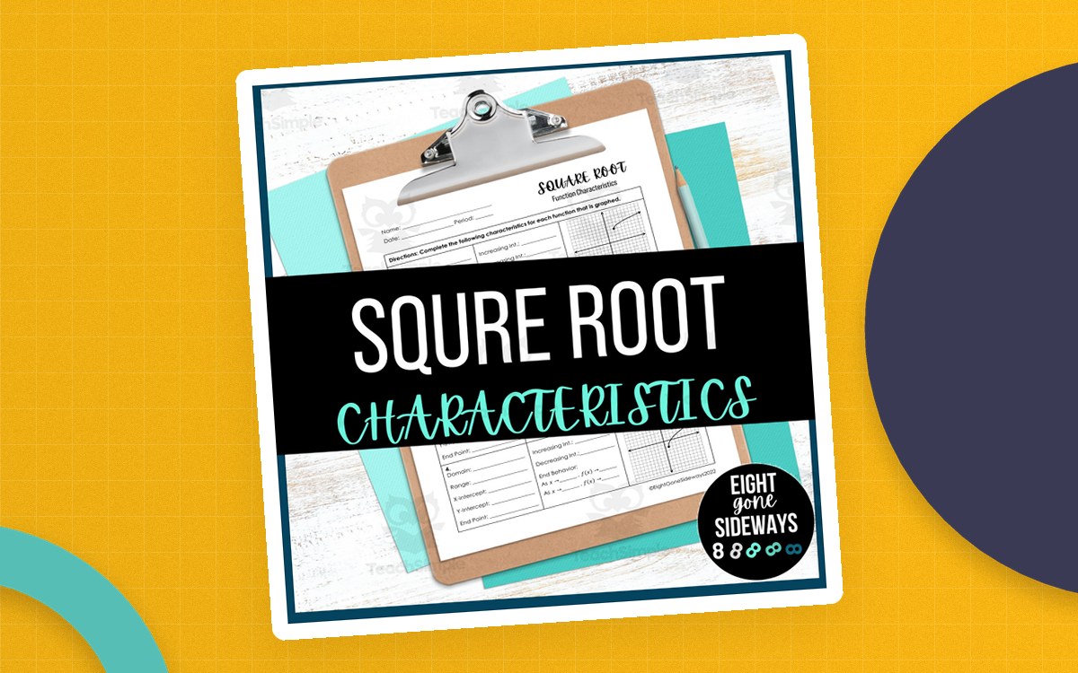 Square Root Characteristics cover with worksheet previews on a clipboard