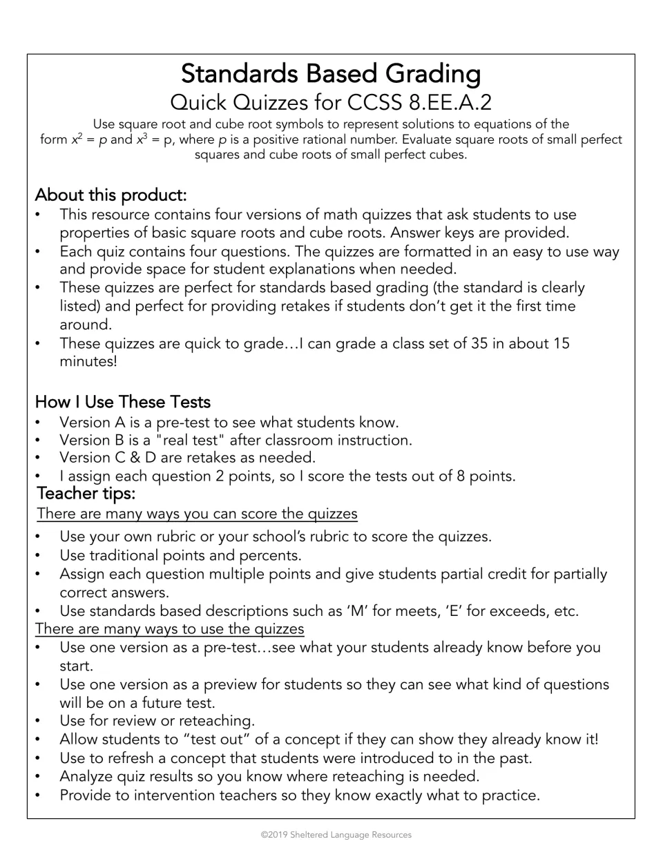Teacher notes for CCSS 8.EE.A.2 quick quizzes: four versions A to D, scoring at 2 points per question, and ways to use them