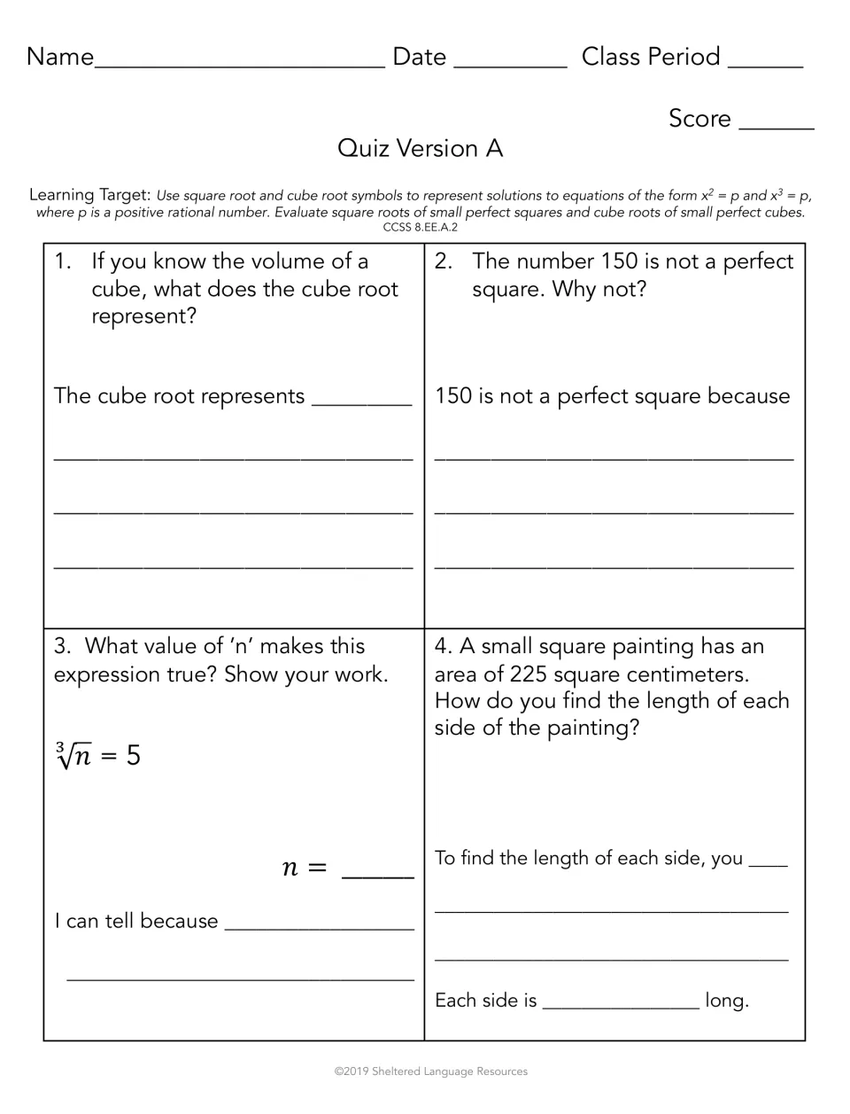 Quiz Version A on square and cube roots: explain a cube root, why 150 isn't a perfect square, solve cube root of n = 5