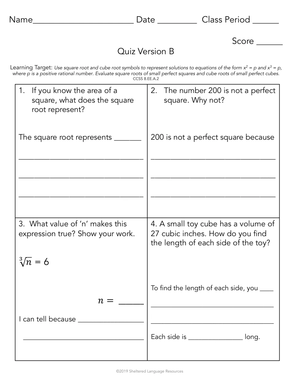 Quiz Version B on square and cube roots: explain a square root, why 200 isn't a perfect square, find sides of a 27 in³ cube