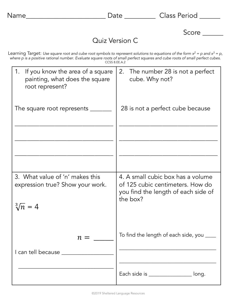 Quiz Version C on roots: square root of a painting's area, why 28 isn't a perfect cube, cube root of n = 4, a 125 cm³ box