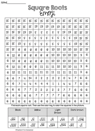 Square Roots Emoji Math Activity – sample page 2