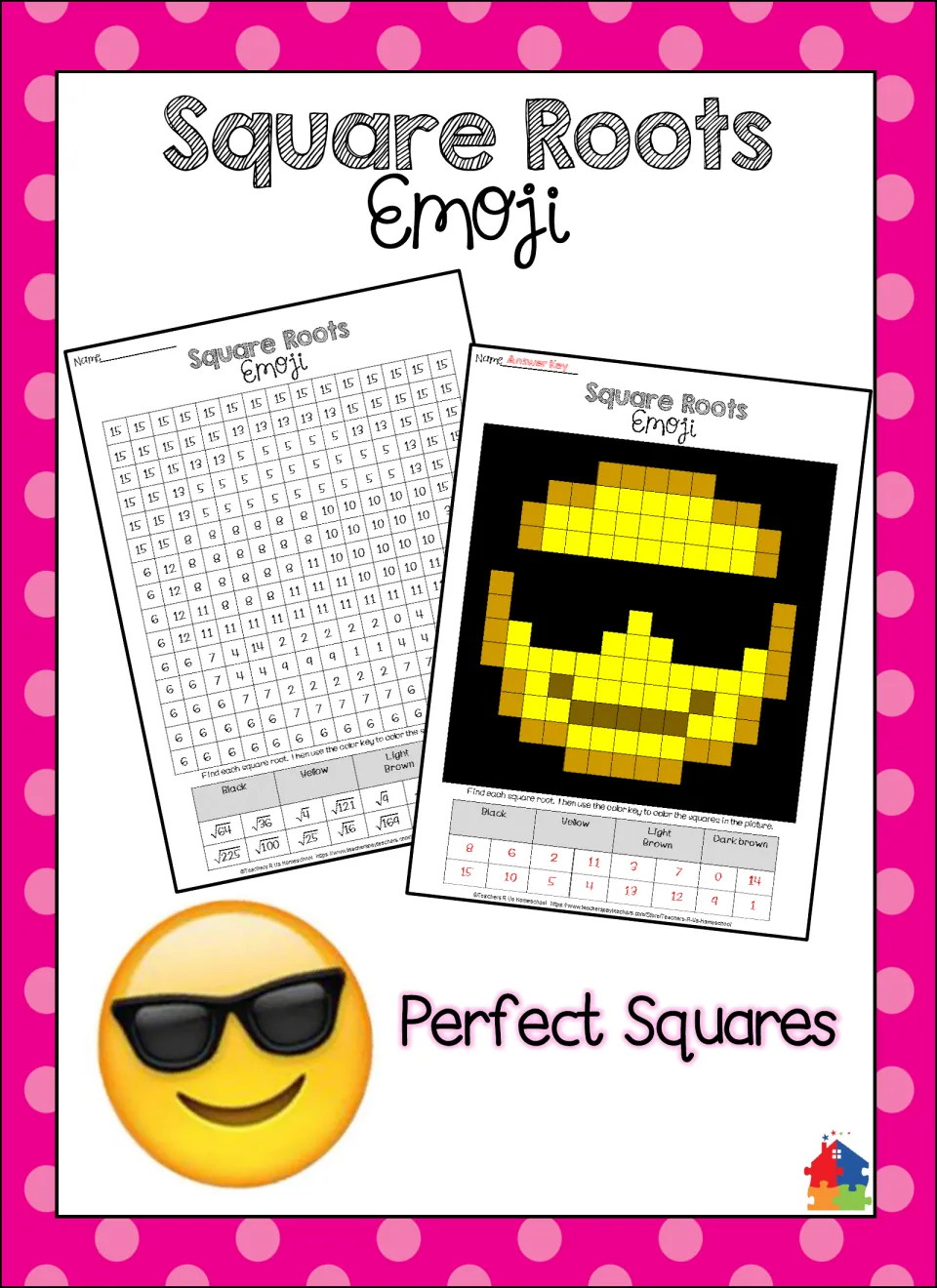 Cover: square roots color-by-number emoji showing the student grid, the colored answer key and a sunglasses emoji