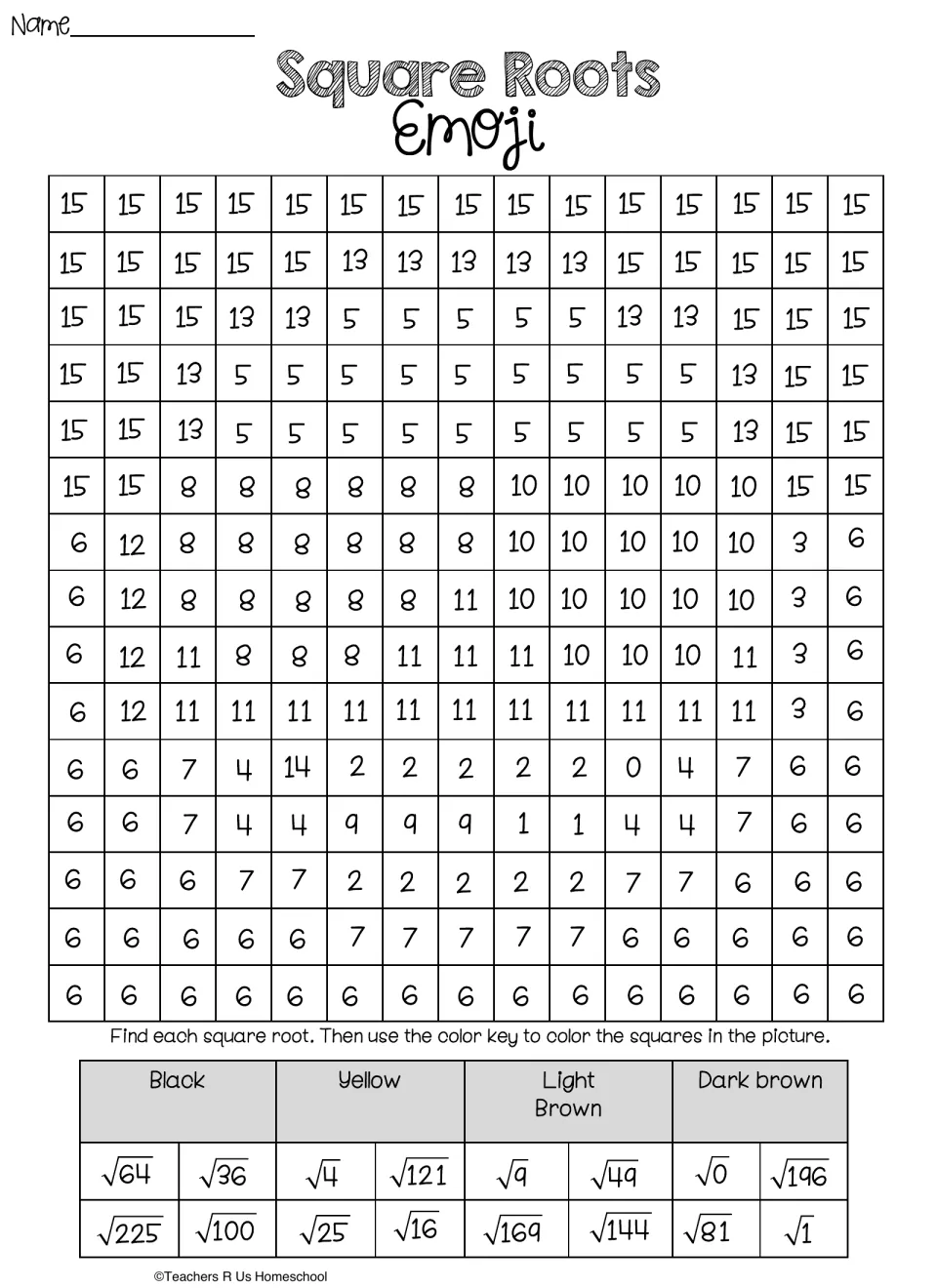 Perfect square roots: students find 16 roots like √64 and √196, then color a 15-by-15 number grid by the color key