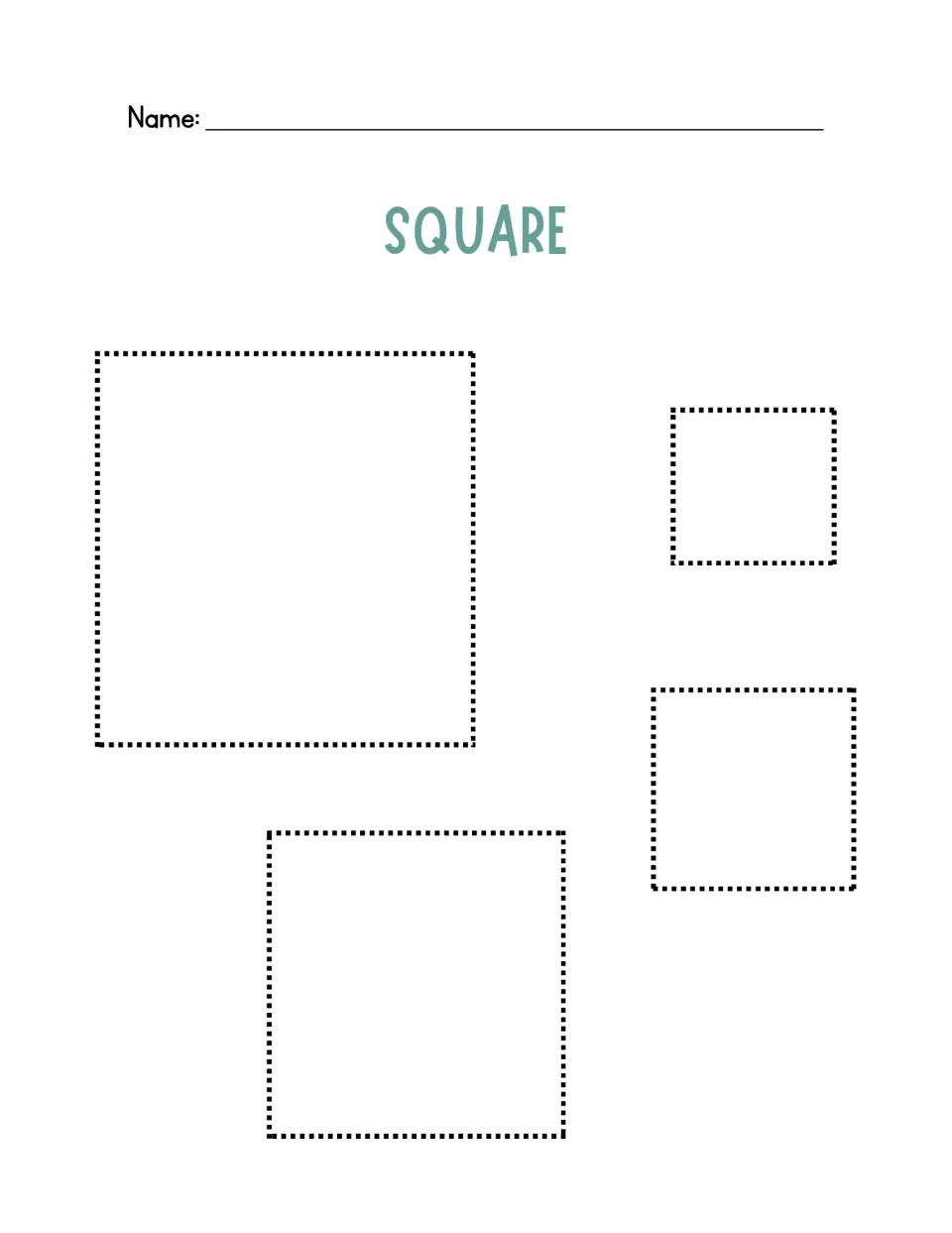 Tracing squares in varied sizes: students follow four dotted outlines, two large and two small, under the SQUARE heading