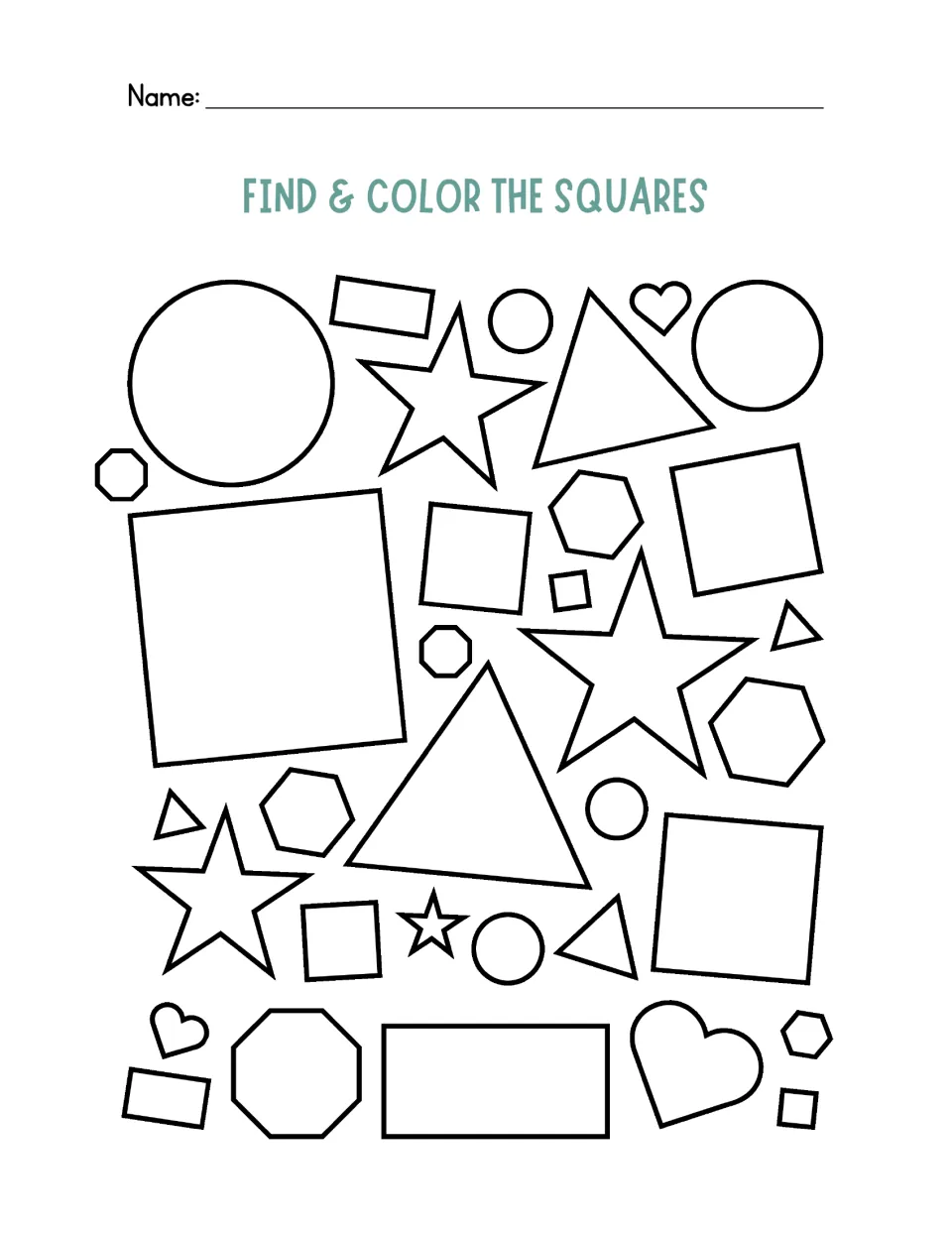 Find & Color the Squares: students spot and color every square hidden among circles, stars, triangles, hexagons and hearts