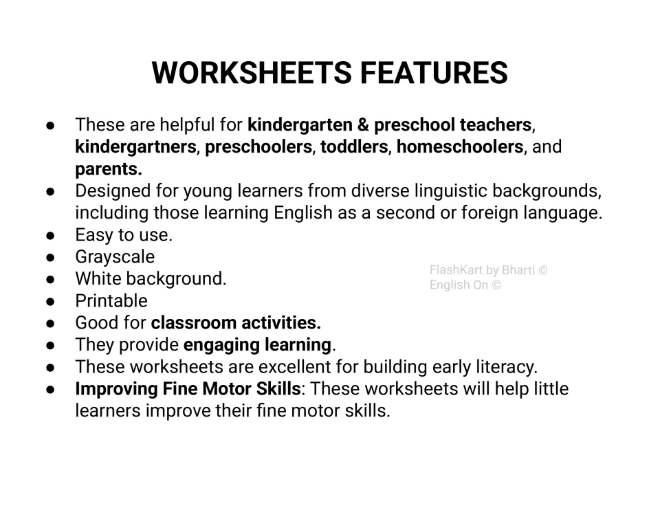 Worksheets Features list: the intended users, ESL suitability, grayscale printable format and fine motor skill focus
