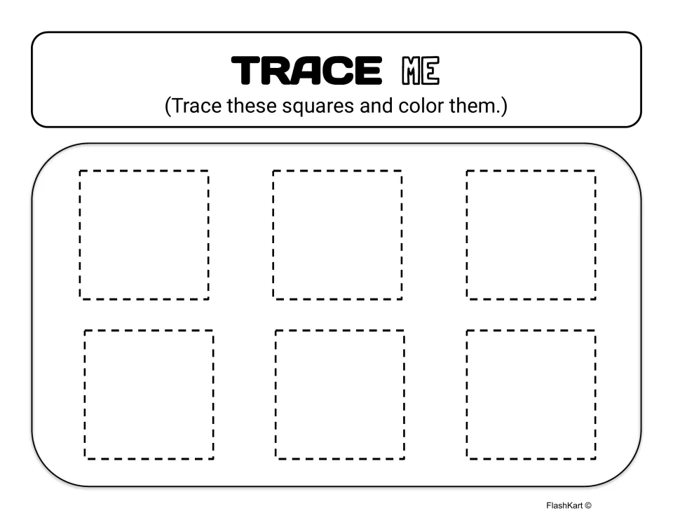 Trace Me: students trace six dashed squares and color them in, practising drawing the square shape with pencil control