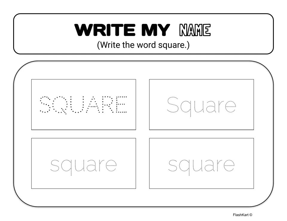 Write My Name: students trace the dotted word square in uppercase, title case and lowercase letters