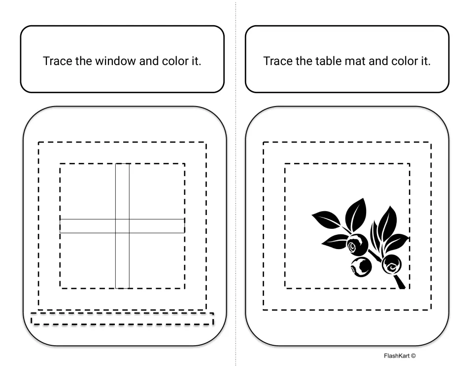 Squares in real life: students trace a dashed window and a table mat with a berry picture, then color both objects