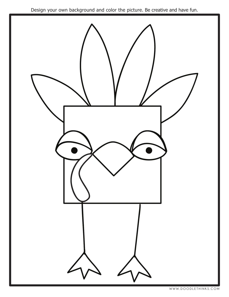 Square turkey coloring page: students color the finished turkey outline and design their own background scene