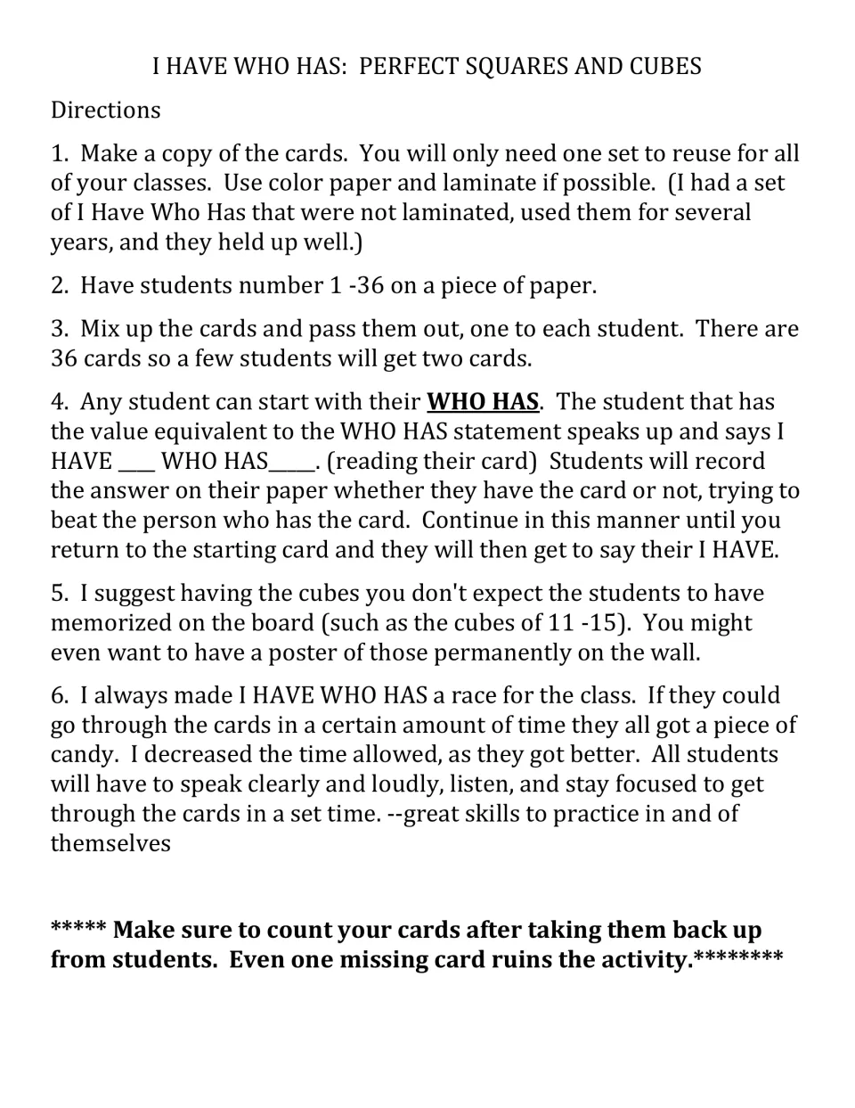 Directions for the 36-card class activity: distribute cards, record answers, and follow the Who Has chain.