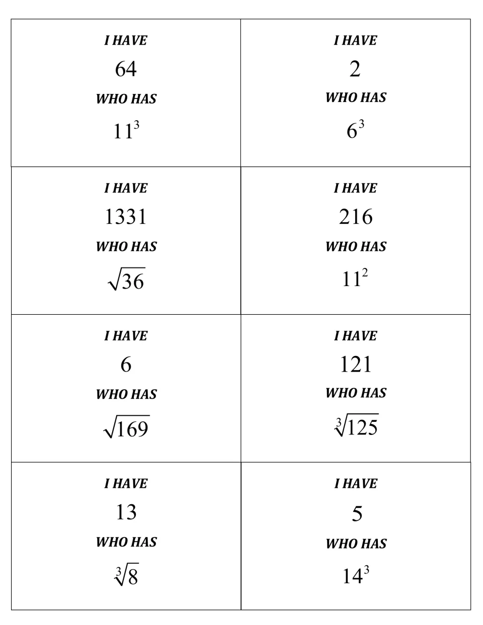 First eight I Have Who Has cards include 64 asking for 11³, 1331 asking for √36, and 121 asking for ∛125.