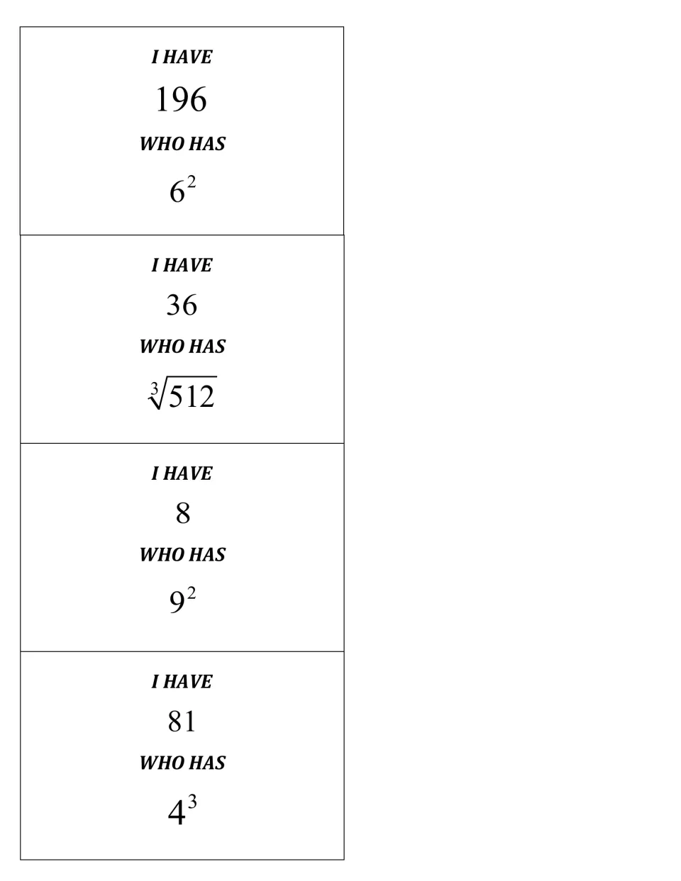 Final four I Have Who Has cards: 196 asks for 6², 36 asks for ∛512, 8 asks for 9², and 81 asks for 4³.