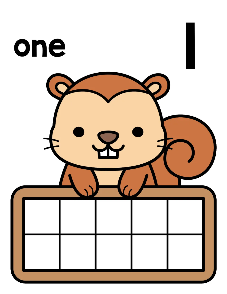 Number 1 counting mat: the word one and numeral 1 above a squirrel holding a ten frame; students fill in 1 counter