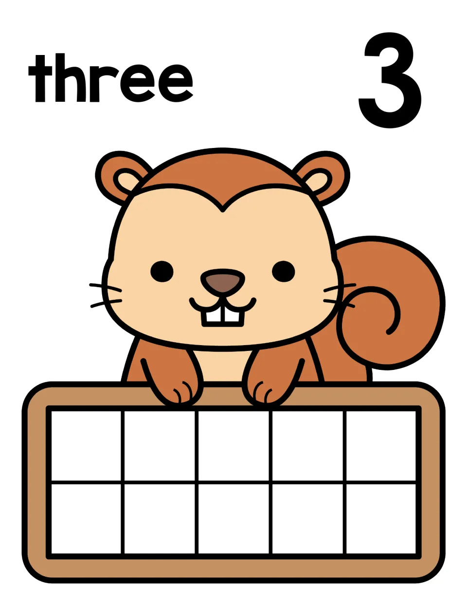 Number 3 counting mat: word three and numeral 3 with a squirrel above a ten frame where students show 3 using counters