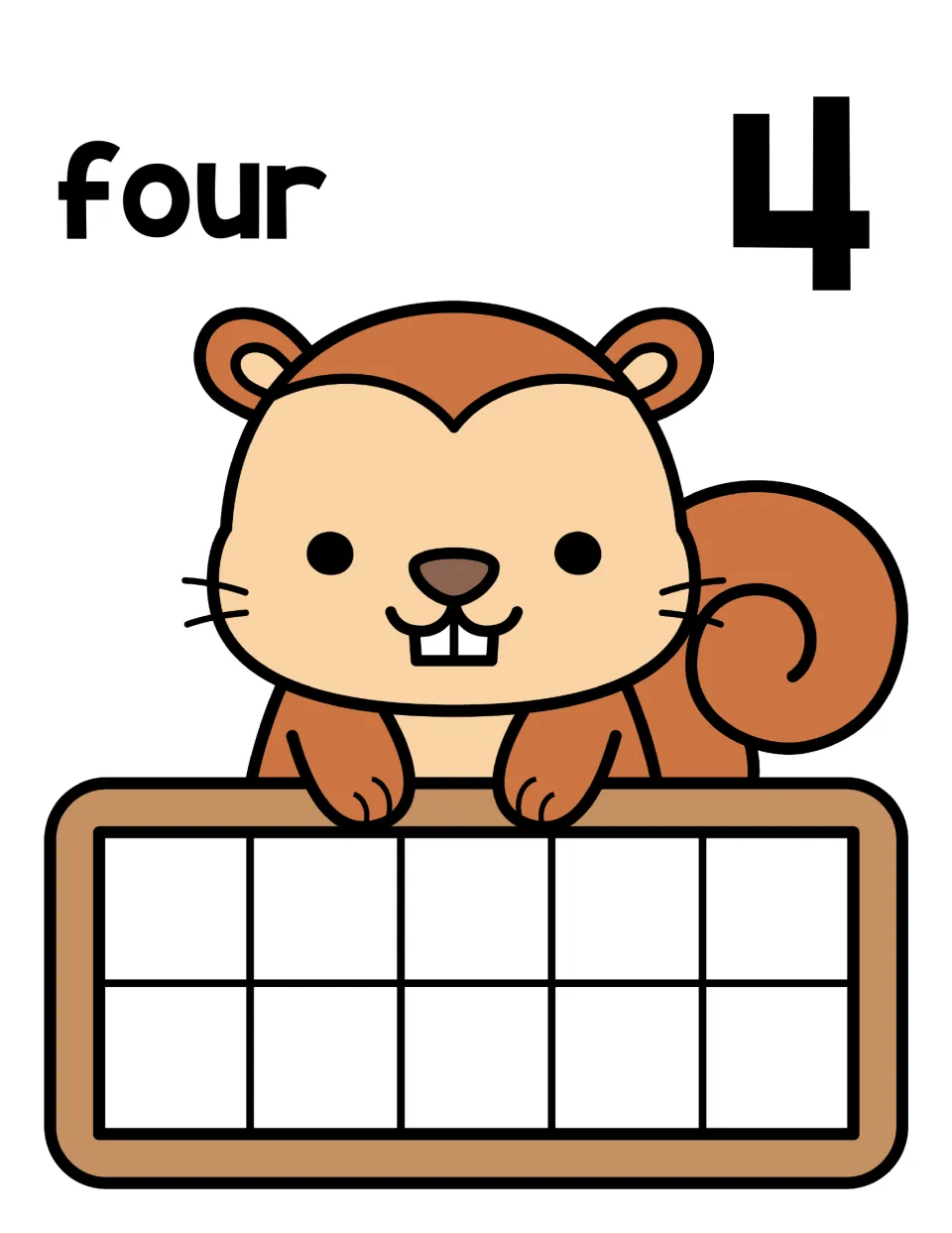 Number 4 counting mat: the word four and numeral 4 with a squirrel ten frame; students count out 4 counters to fill it