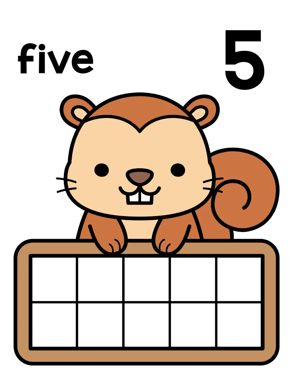Number 5 counting mat: word five and numeral 5 over a squirrel ten frame; students fill 5 spaces, completing the top row