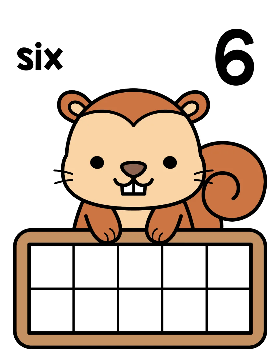 Number 6 counting mat: the word six and numeral 6 above a squirrel with a ten frame for showing 6 counters as 5 and 1