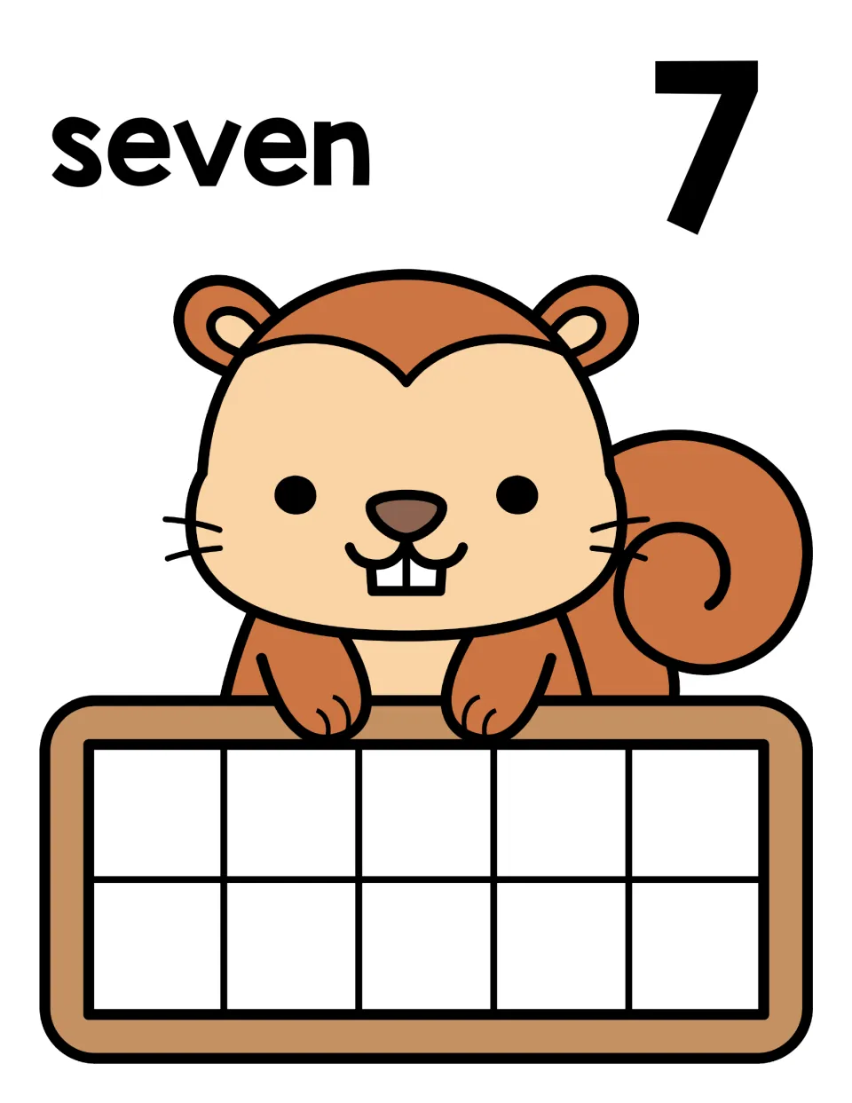 Number 7 counting mat: word seven and numeral 7 beside a squirrel with a ten frame; students place 7 counters to match
