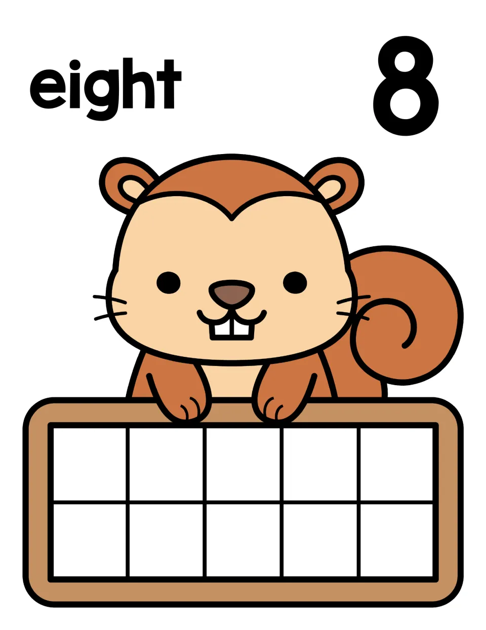 Number 8 counting mat: the word eight and numeral 8 with a squirrel ten frame; students build 8 and notice 2 spaces left
