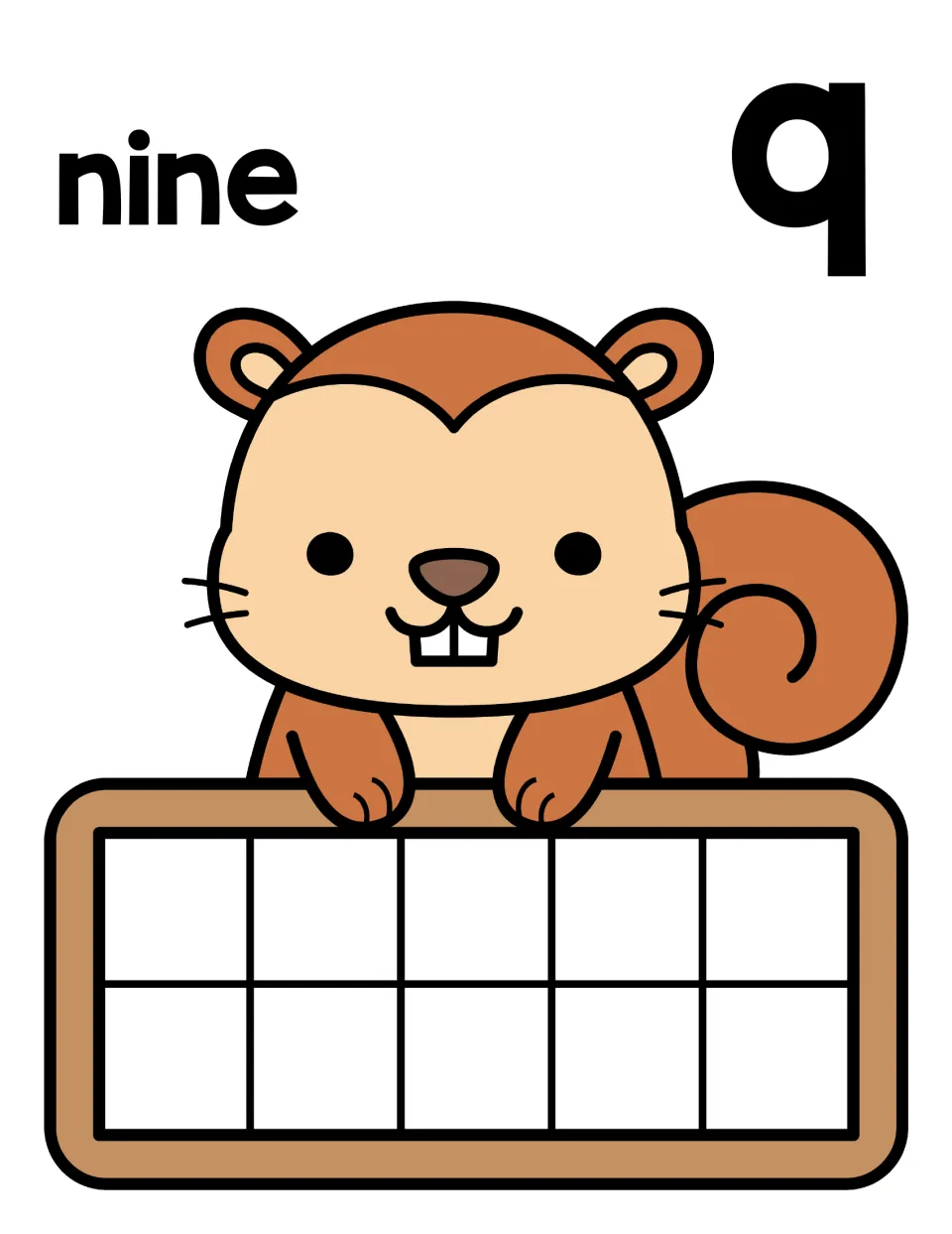 Number 9 counting mat: word nine and numeral 9 over a squirrel with a ten frame; students fill 9 spaces to show the number