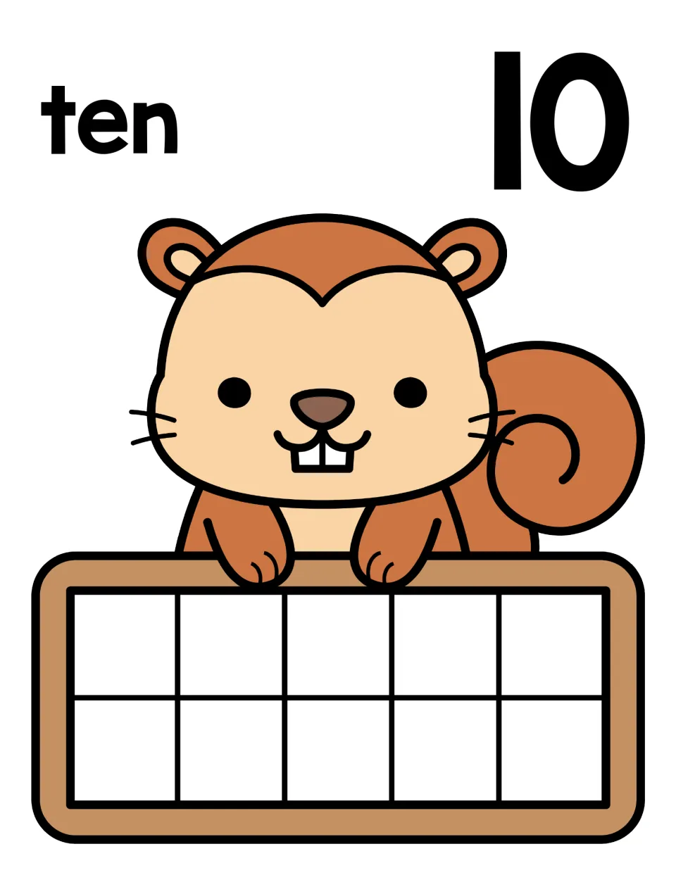 Number 10 counting mat: the word ten and numeral 10 above a squirrel ten frame that students fill completely with counters