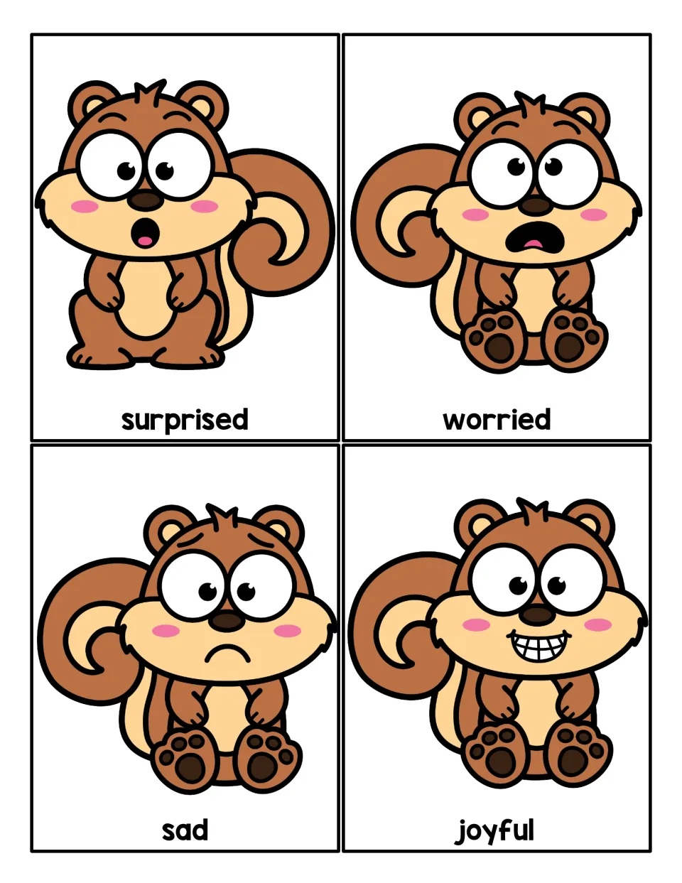 Feelings cards: four squirrels labeled surprised, worried, sad and joyful for naming emotions from facial expressions