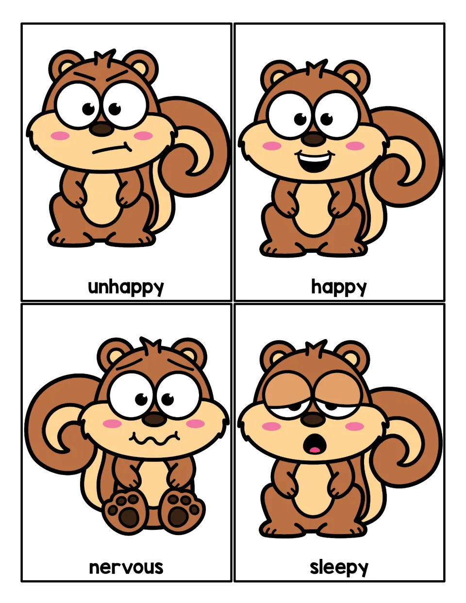 Emotion cards: squirrels showing unhappy, happy, nervous and sleepy faces for matching feeling words to expressions