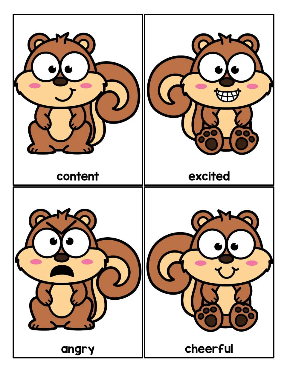 Feeling word cards: squirrels looking content, excited, angry and cheerful so children can read and name each emotion