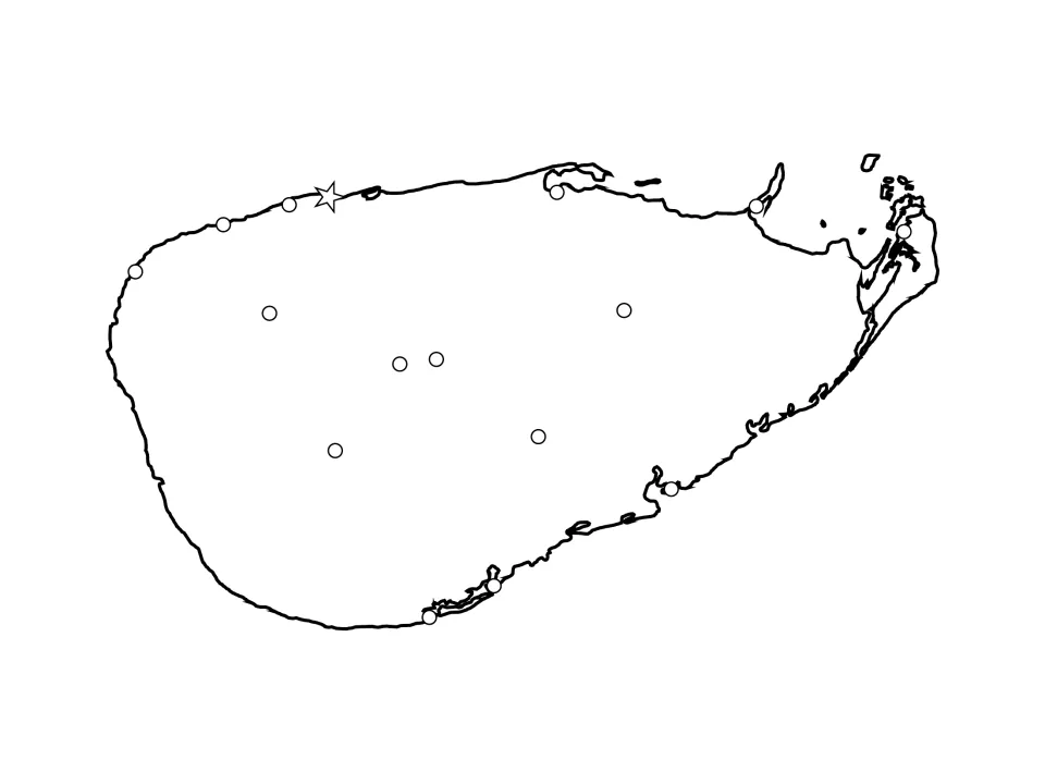 Sri Lanka outline map with unlabeled city dots and a star for the capital; students write in each city name