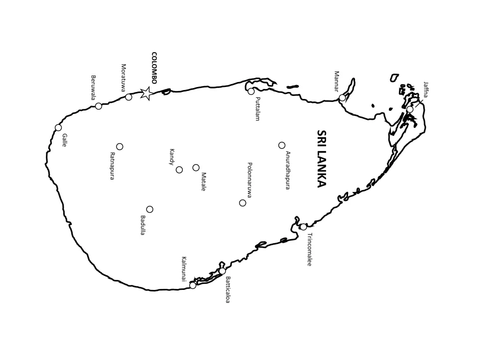 Labeled map of Sri Lanka showing capital Colombo plus Jaffna, Kandy, Galle, Trincomalee and 11 more cities