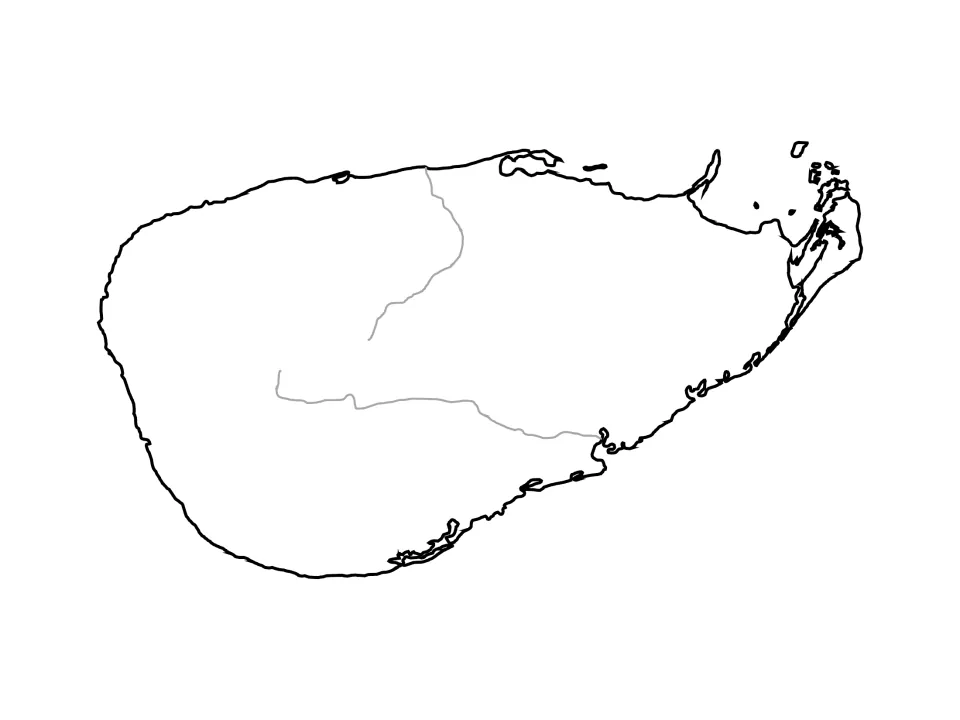 Sri Lanka outline map with two rivers drawn in grey, unlabeled, for students to name and trace the waterways