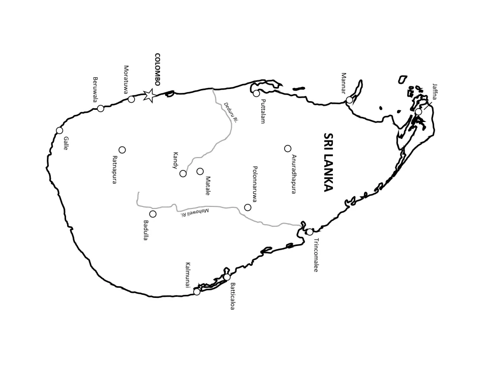 Labeled Sri Lanka map adding the Deduru and Mahaweli rivers to Colombo, Kandy, Jaffna and the other city names