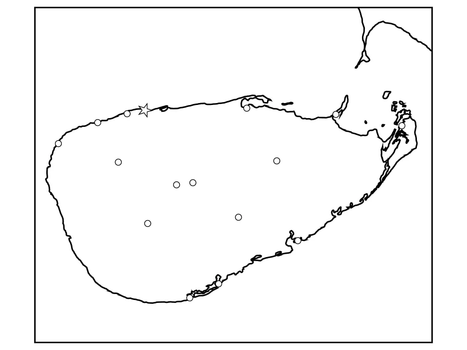 Sri Lanka and southern India outline with empty city markers and a capital star, ready for place-name labeling