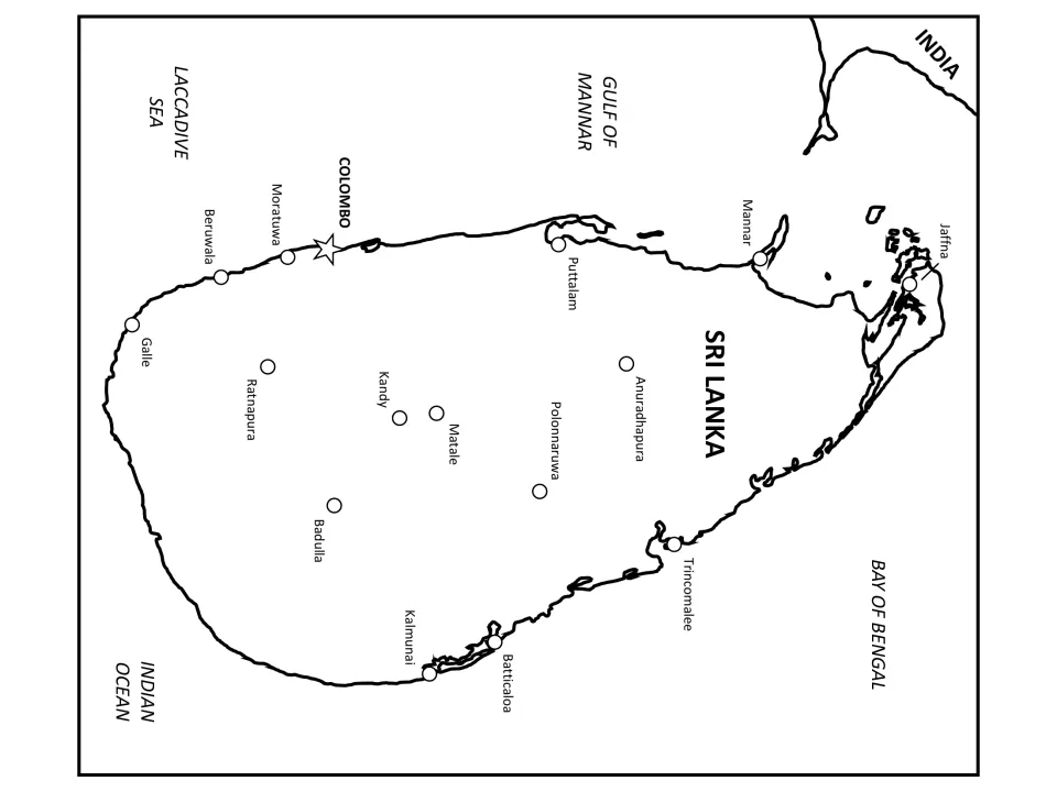 Labeled regional map: Sri Lanka's cities with the Bay of Bengal, Gulf of Mannar, Laccadive Sea, Indian Ocean and India