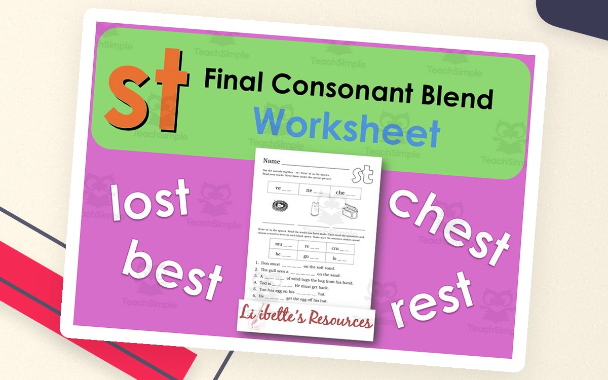 Final ST Consonant Blend cover with large st letters, example words, and a worksheet preview.