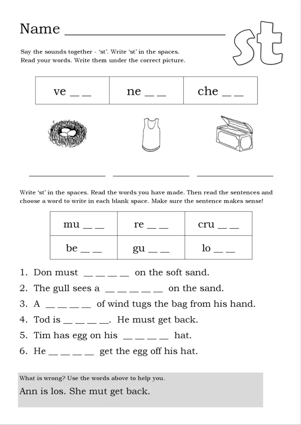 Final st blend: students add st to make vest, nest and chest, label pictures, then complete 6 sentences and fix a note