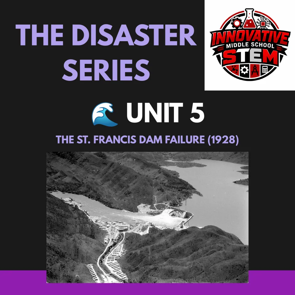Cover for Disaster Series Unit 5 on the St. Francis Dam failure of 1928, featuring a dam and reservoir photo