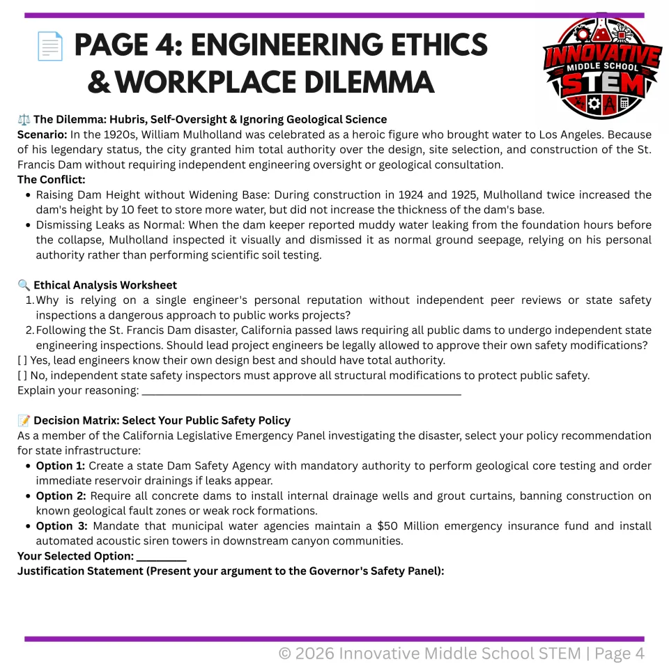 Engineering ethics page examines self-oversight and ignored leaks, then asks students to select a safety policy