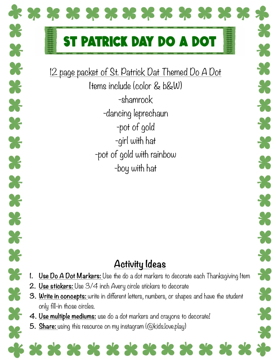 St Patrick Day Do A Dot title page listing shamrock, leprechaun, pot of gold, girl and boy pages, plus 5 activity ideas