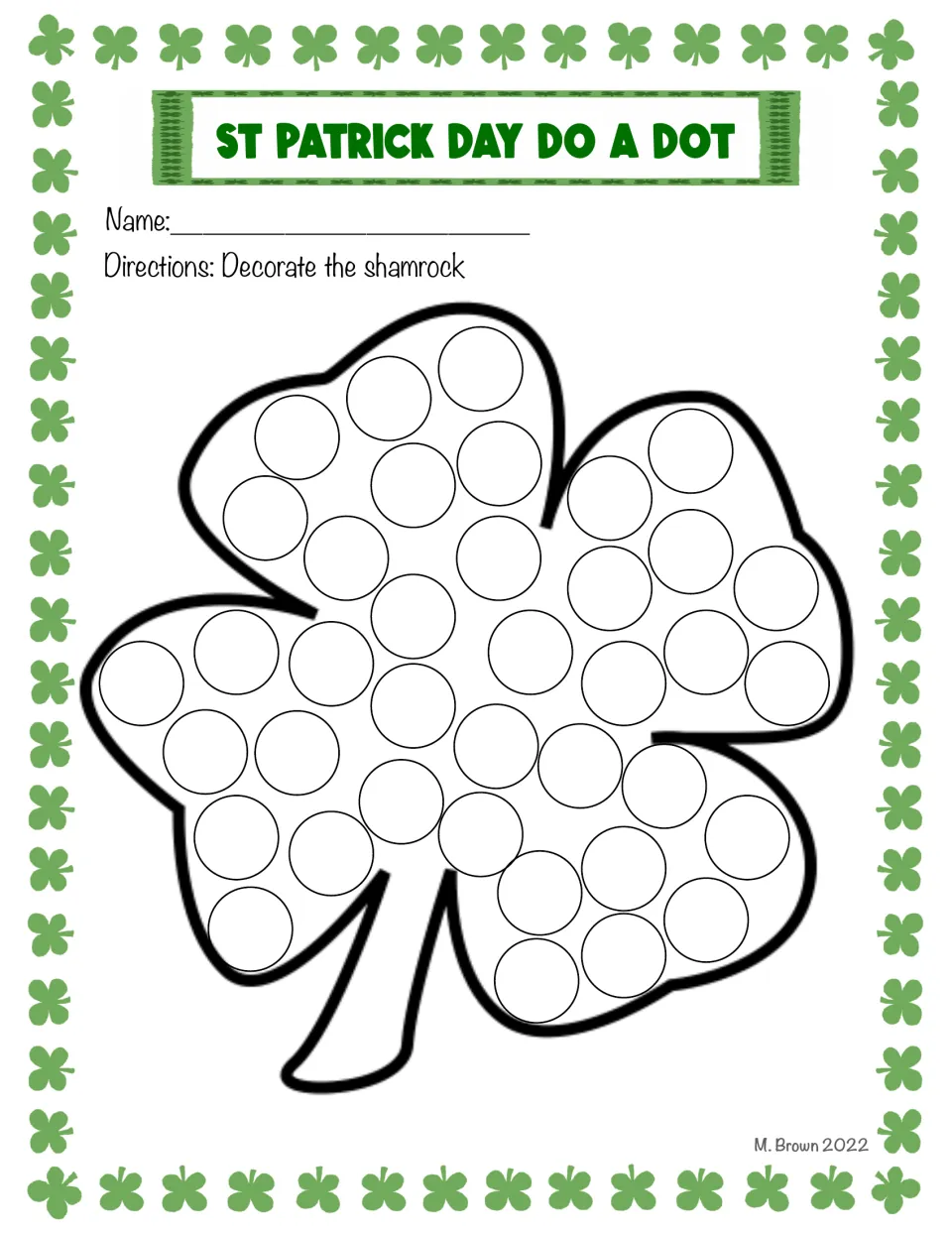 Shamrock dot art in color: students decorate a large shamrock by stamping a dot marker or sticker in each of its circles