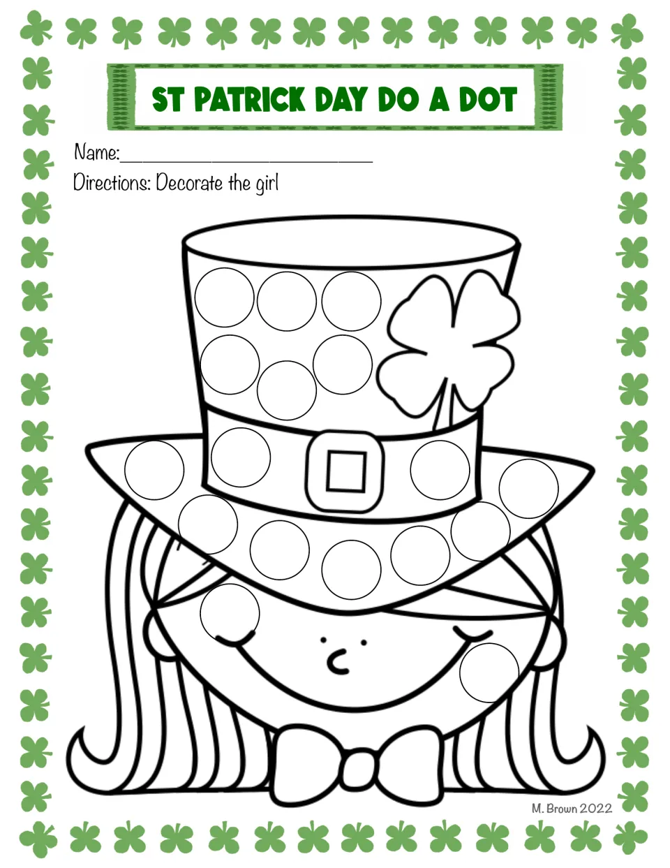 Girl in a shamrock top hat dot art: students decorate the girl by dotting the circles on her hat, brim and cheeks