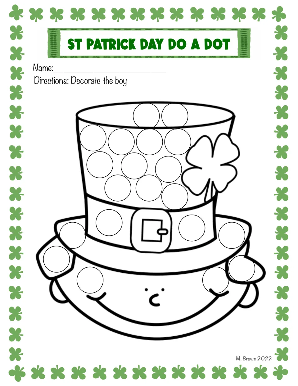 Boy in a shamrock top hat dot art: students decorate the boy by dotting the circles on his hat, band, brim and hair