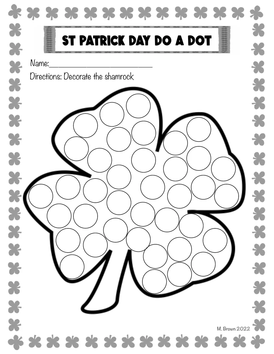 Black-and-white version of the shamrock dot art: students dot each circle inside the shamrock to decorate it