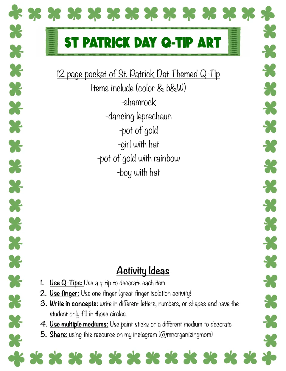 St. Patrick's Day dot art packet overview listing six designs, from shamrock to boy with hat, and five activity ideas