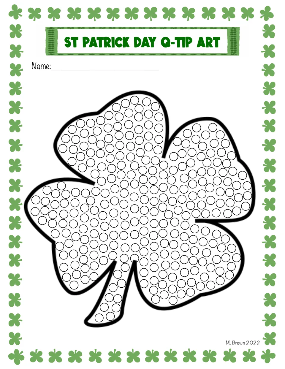 Shamrock dot art: students dab a cotton swab or fingertip into each circle filling a large three-leaf shamrock