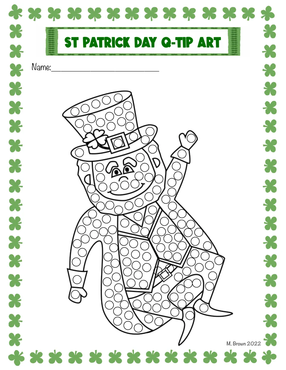 Dancing leprechaun dot art: students fill circles on a waving leprechaun's top hat, face, vest and legs