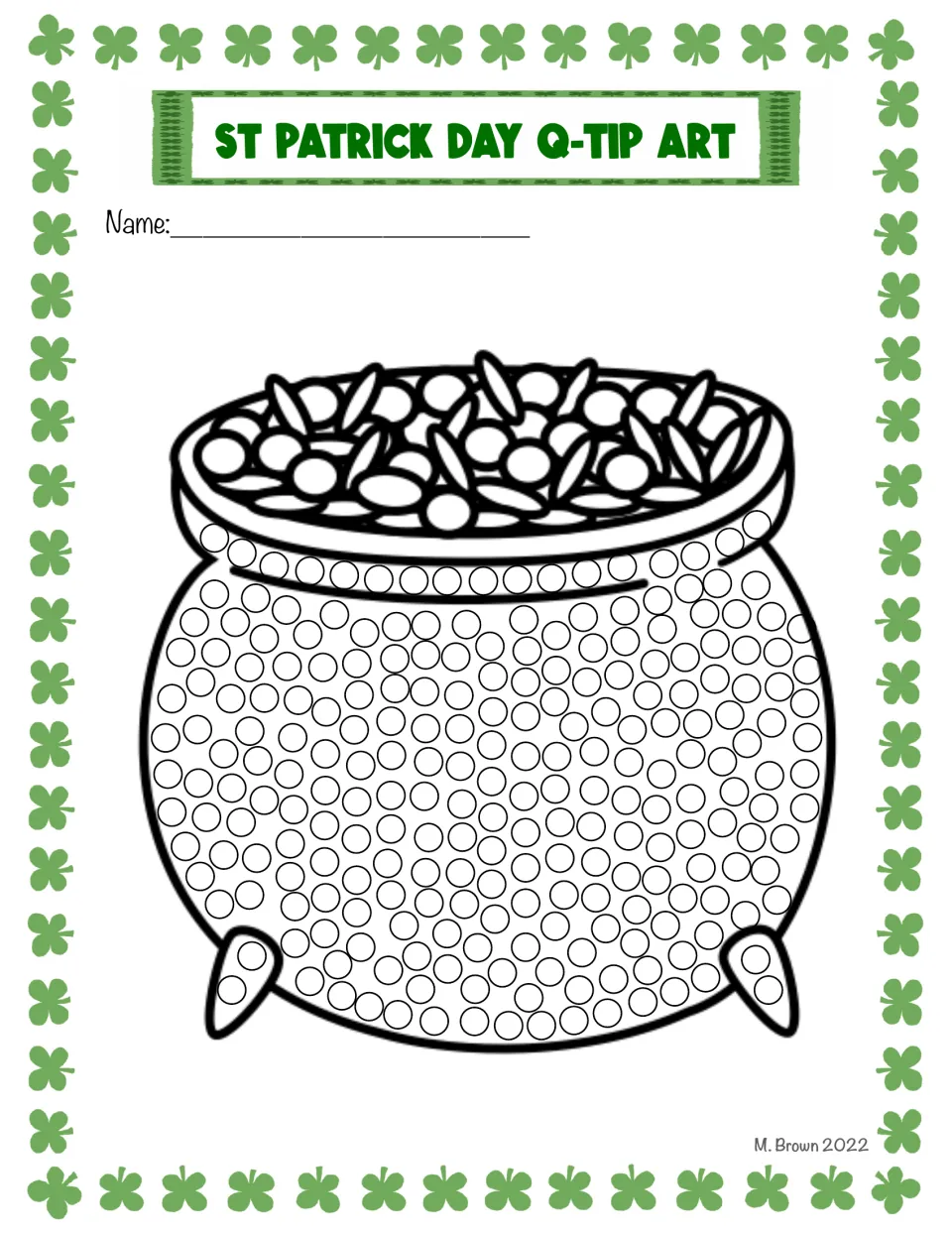 Pot of gold dot art: students dab paint into the circles on a round cauldron heaped with gold coins