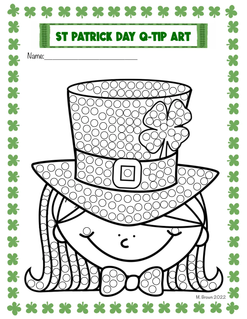 Girl with hat dot art: students fill circles on a shamrock top hat, long braids and bow tie of a smiling girl